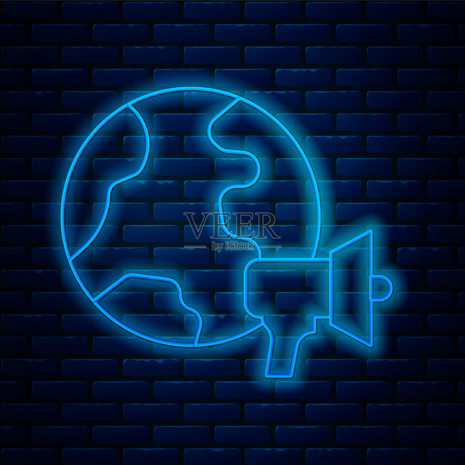 发光的霓虹灯线世界新闻图标孤立在砖墙背景。突发新闻，世界新闻电视。向量插画图片素材