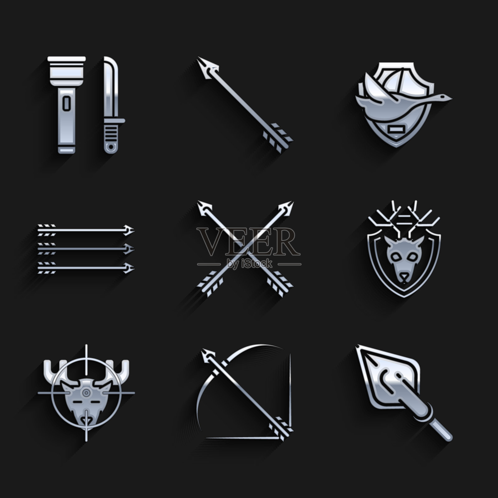 设置交叉箭，弓和箭，嬉皮士尖端，鹿头与鹿角盾，狩猎驼鹿十字瞄准线，飞行的鸭子和手电筒刀图标。向量插画图片素材