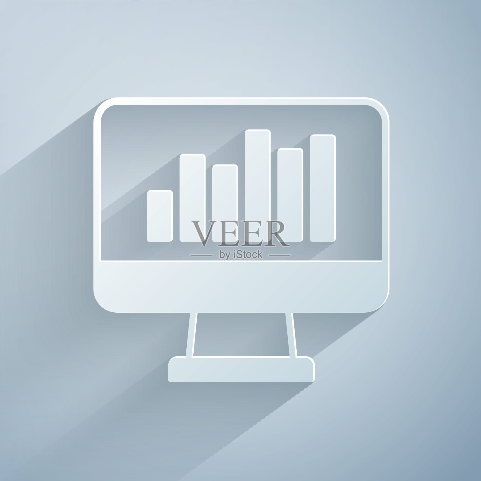 剪纸计算机显示器图形图表图标孤立在灰色背景。报告文本文件图标。会计的迹象。审计、分析规划。纸艺术风格。向量插画图片素材