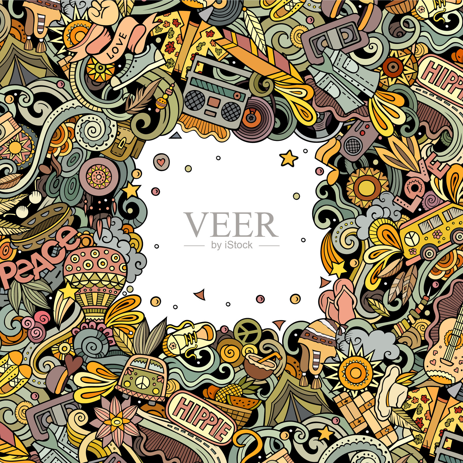 嬉皮士手绘涂鸦嬉皮士框架卡片设计插画图片素材
