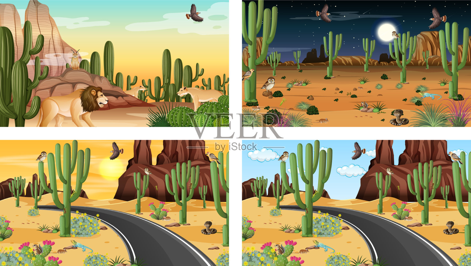 不同的沙漠森林景观与场景插画图片素材