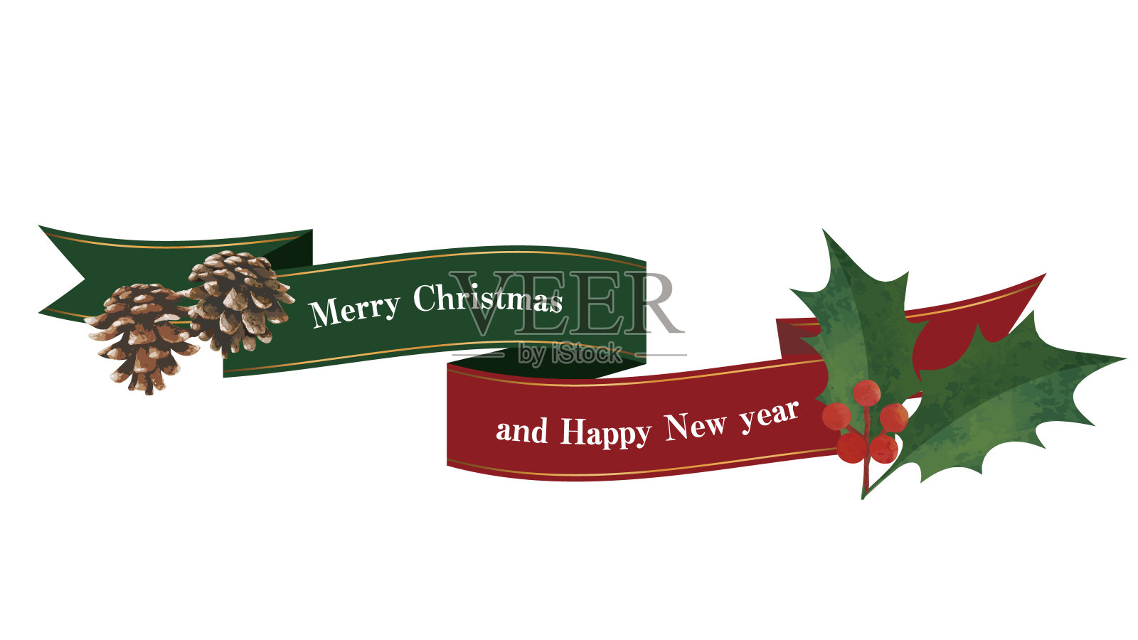 飘逸的丝带、松果和冬青装饰。圣诞装饰品。插画图片素材