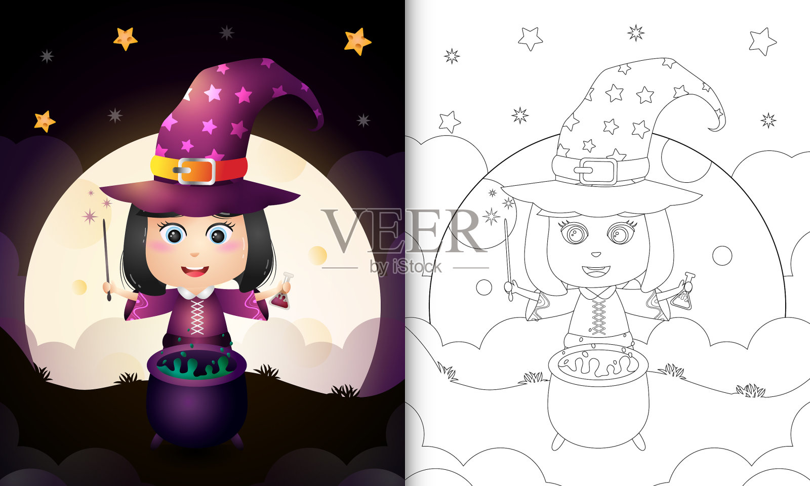 有可爱女巫的万圣节涂色本插画图片素材