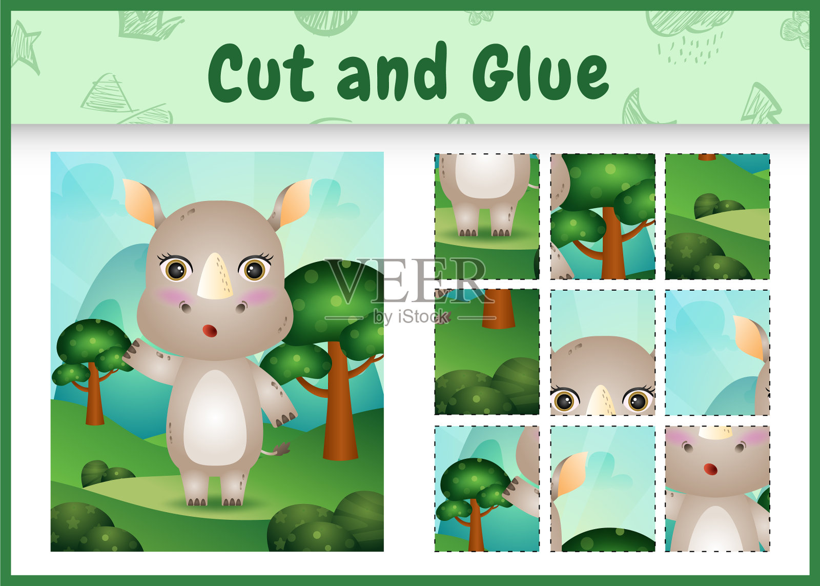 孩子们和一只可爱的犀牛玩纸板游戏插画图片素材