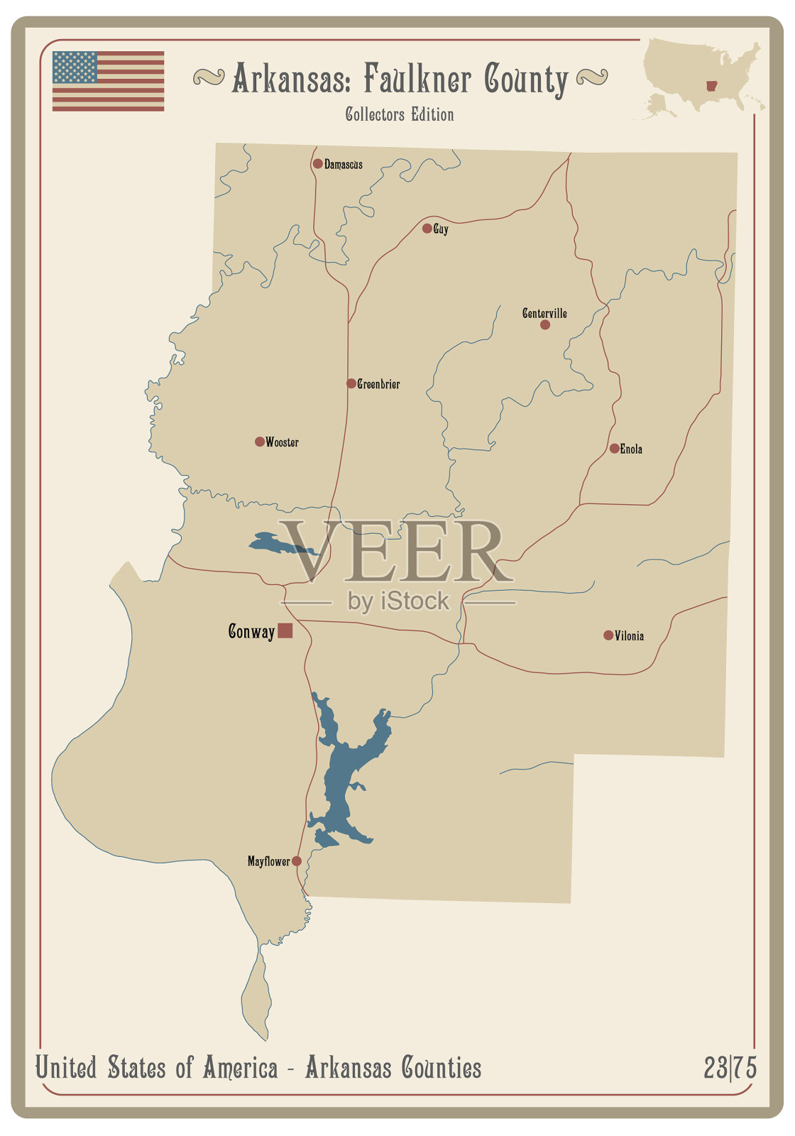 阿肯色州福克纳县地图插画图片素材