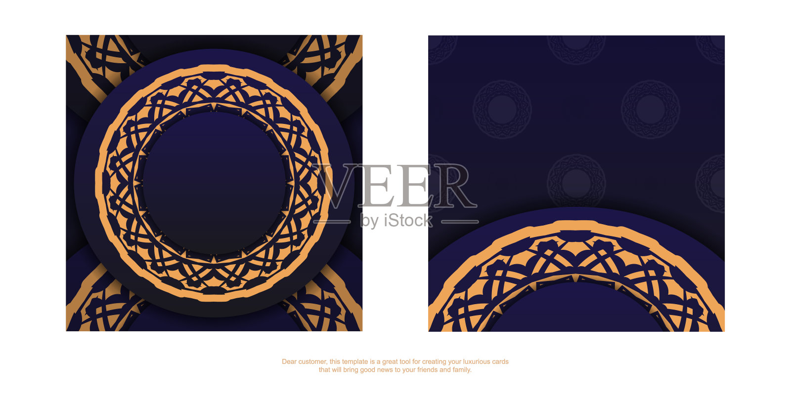 豪华的准备印刷蓝色明信片设计奢华的图案。邀请卡模板与您的文本和古董装饰的地方插画图片素材