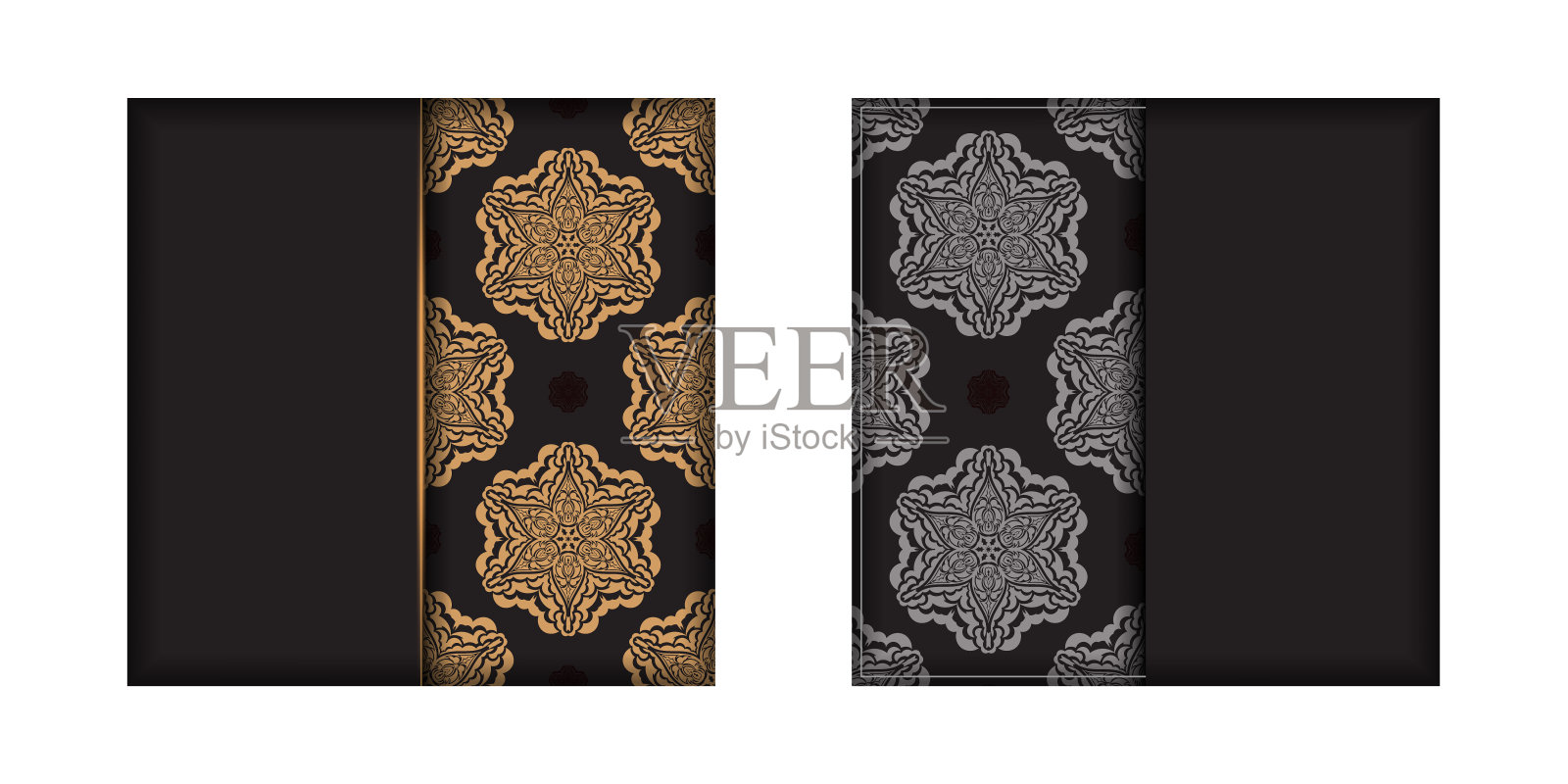 邀请卡设计与空间为您的文字和古董装饰。方形明信片设计在黑色豪华的图案设计模板素材