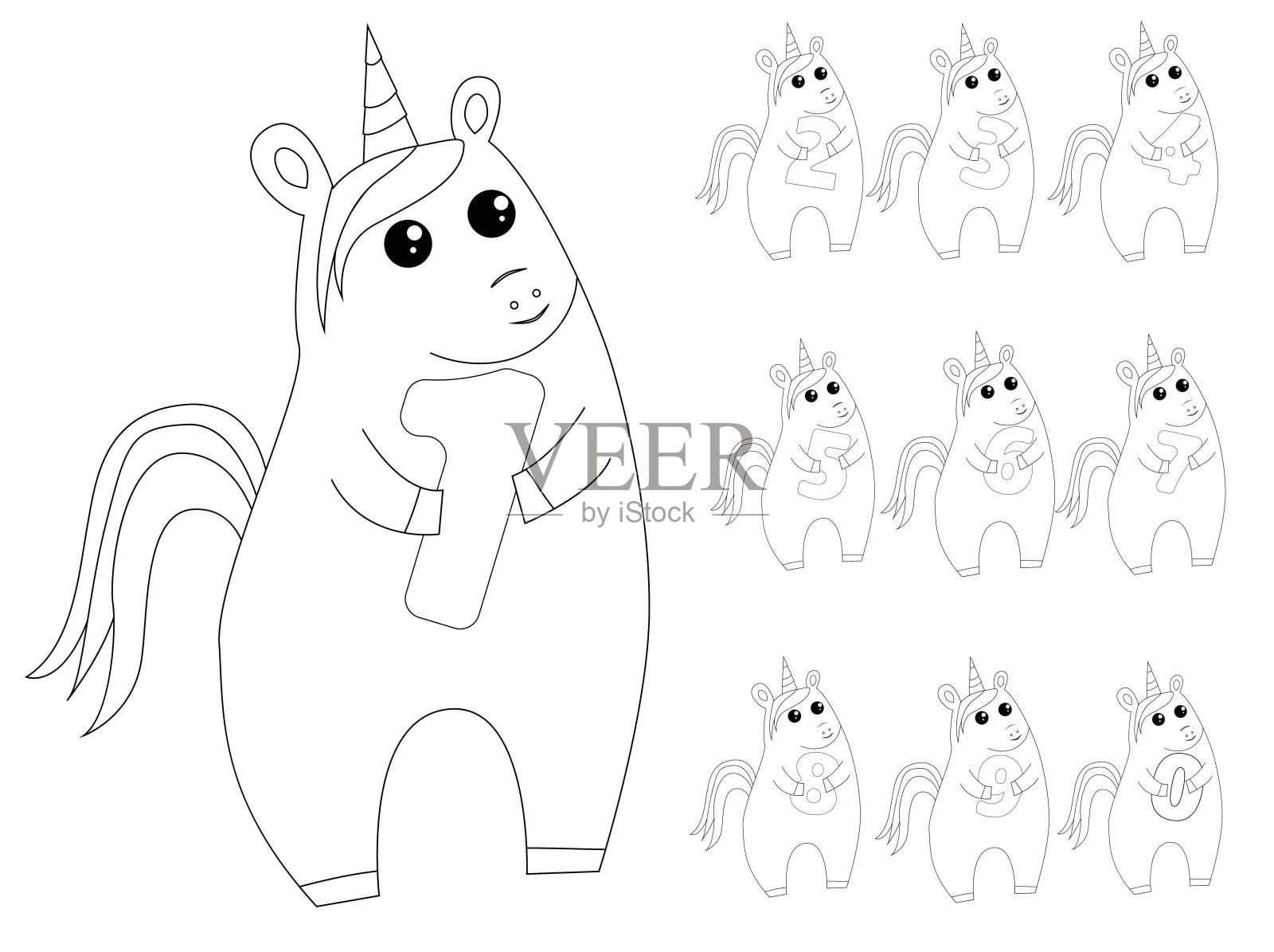 可爱的仙女独角兽手持数字，轮廓风格的图画书，简单的矢量插图插画图片素材