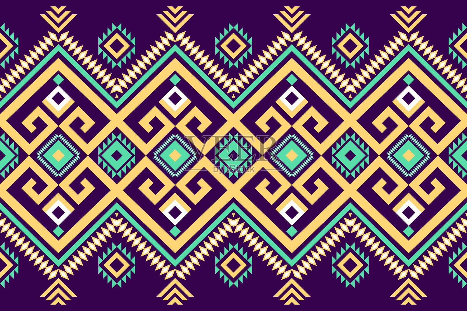 黄绿色上深紫几何东方伊卡特无缝传统民族图案设计背景，地毯，墙纸背景，服装，包装，蜡染，织物插画图片素材