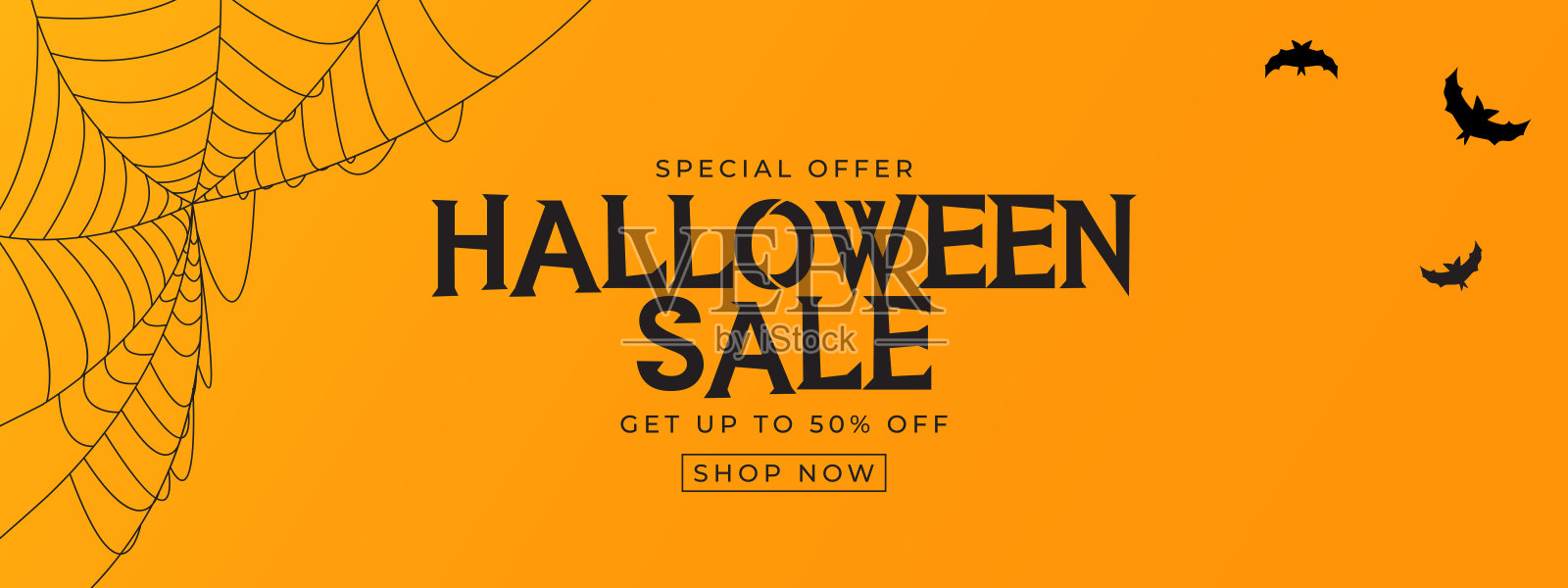 橙色万圣节销售海报与蝙蝠和蜘蛛。矢量图设计模板素材