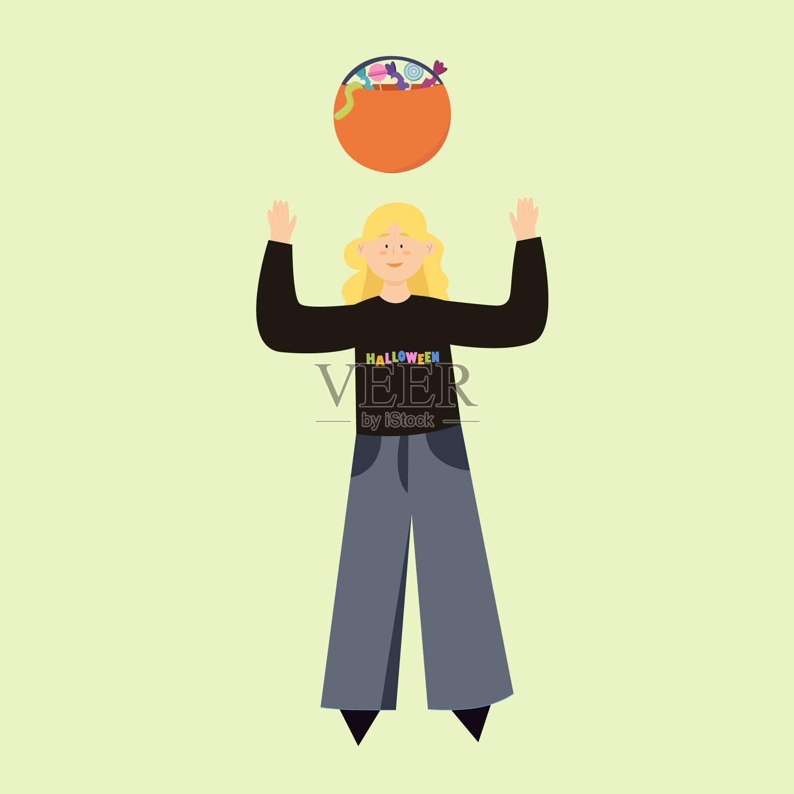 一个穿着喇叭牛仔裤的女人穿着印有万圣节字样的运动衫。秋季假期的糖果篮。插画图片素材