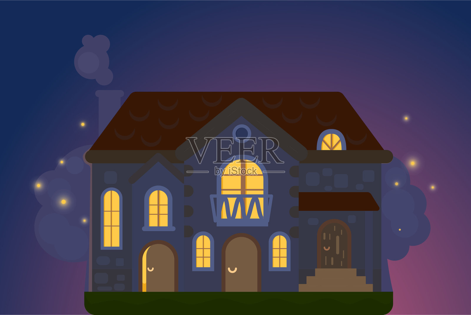 夜屋以卡通扁平化的田园风格可爱插画图片素材