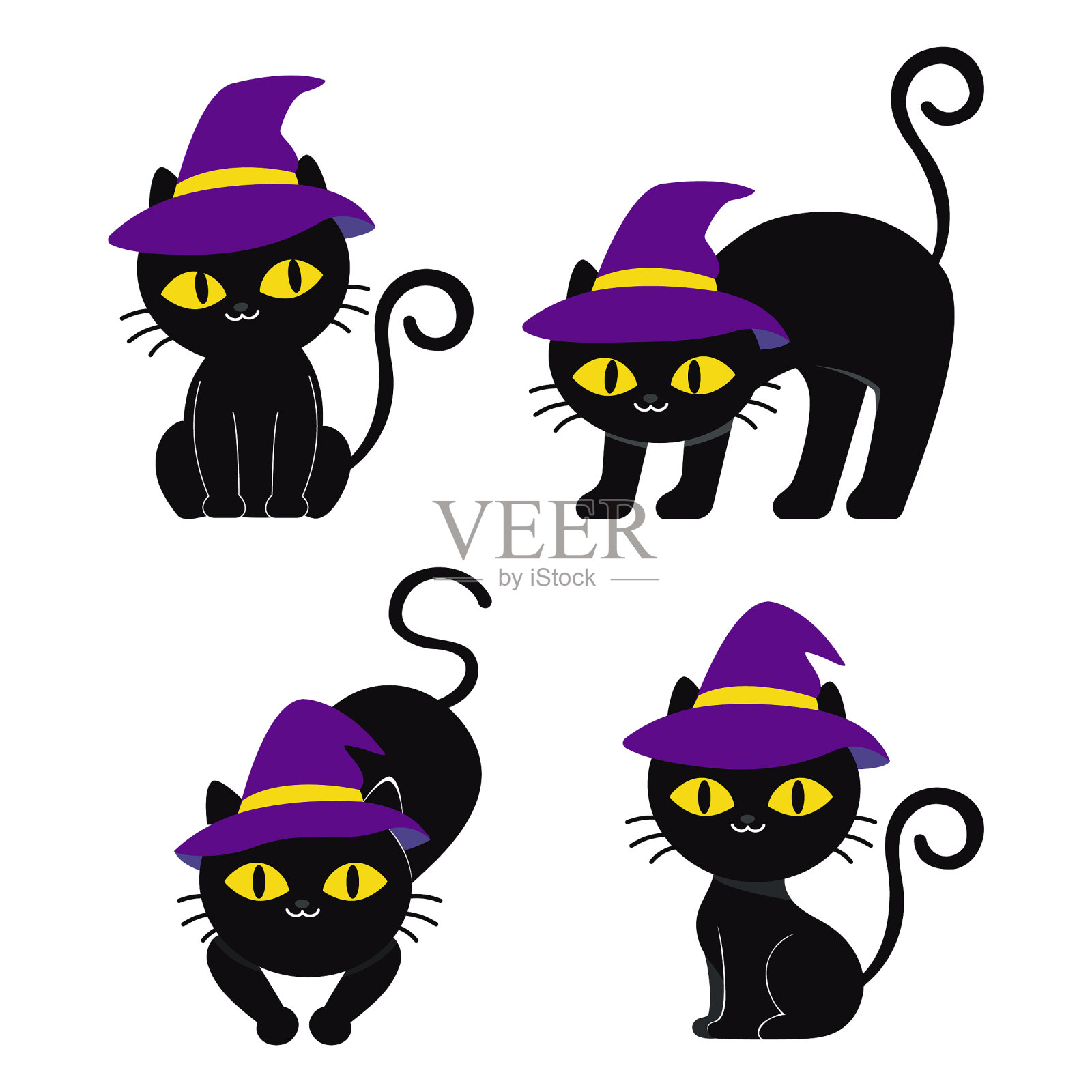 万圣节前夕，可爱的黑猫戴着女巫帽插画图片素材