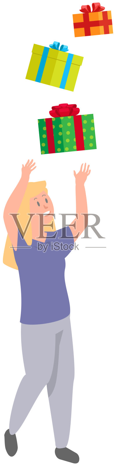 微笑的女人准备节日和收集礼物。女孩抓住装有礼物的盒子插画图片素材