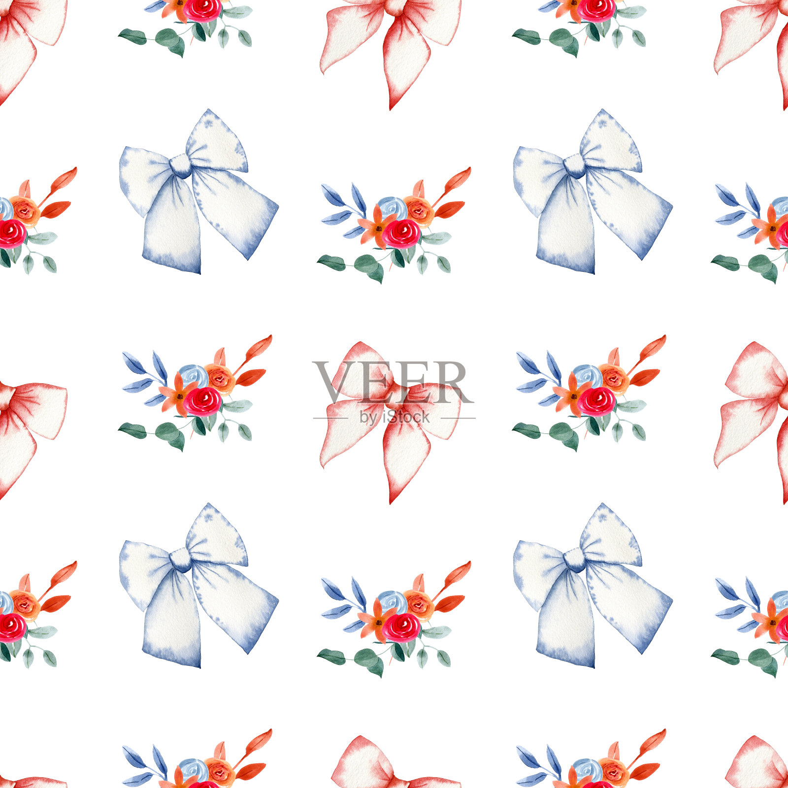 无缝模式与复古蝴蝶结和花束。背景和墙纸邀请，卡片，织物，包装，纺织品。水彩插图。插画图片素材