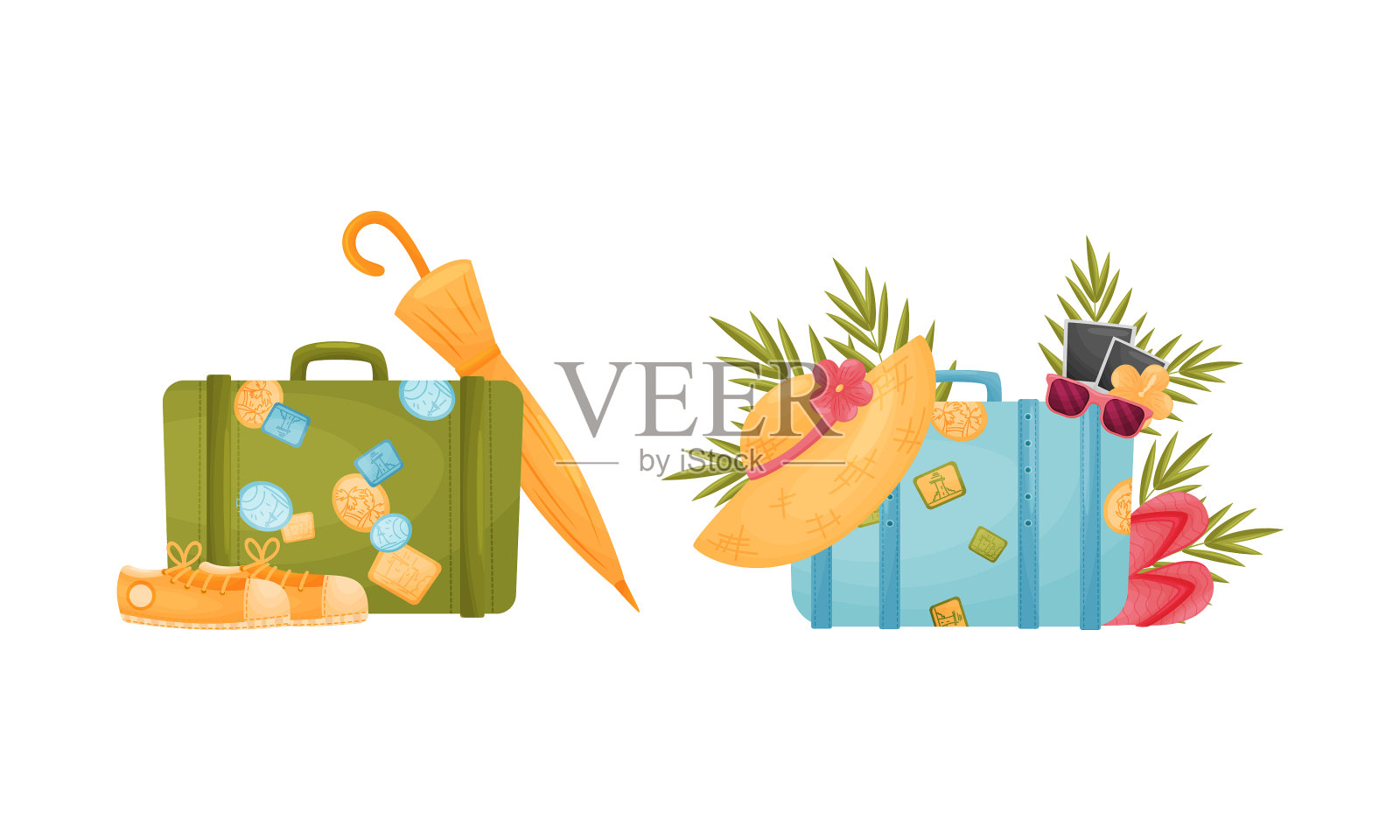 带贴纸的旅行箱和后备箱插画图片素材