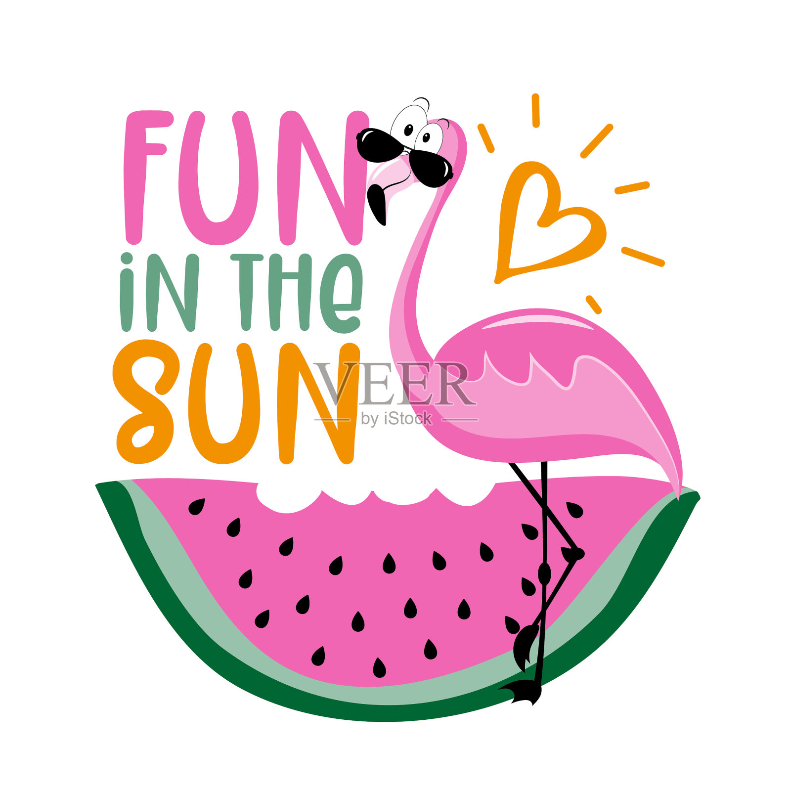 有趣的阳光可爱的火烈鸟和西瓜设计元素图片