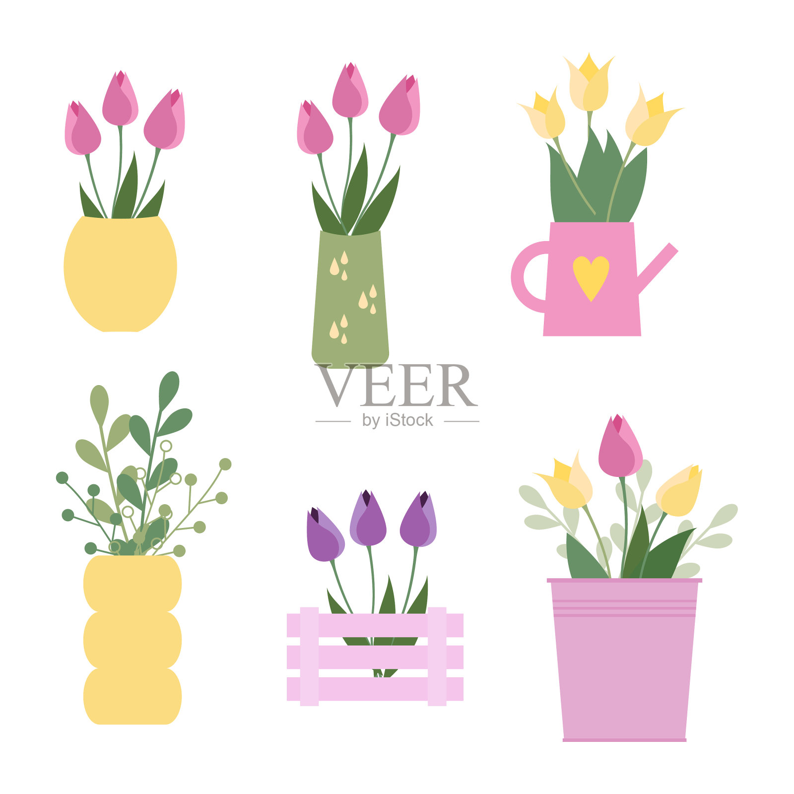 可爱的郁金香收藏花盆插画图片素材
