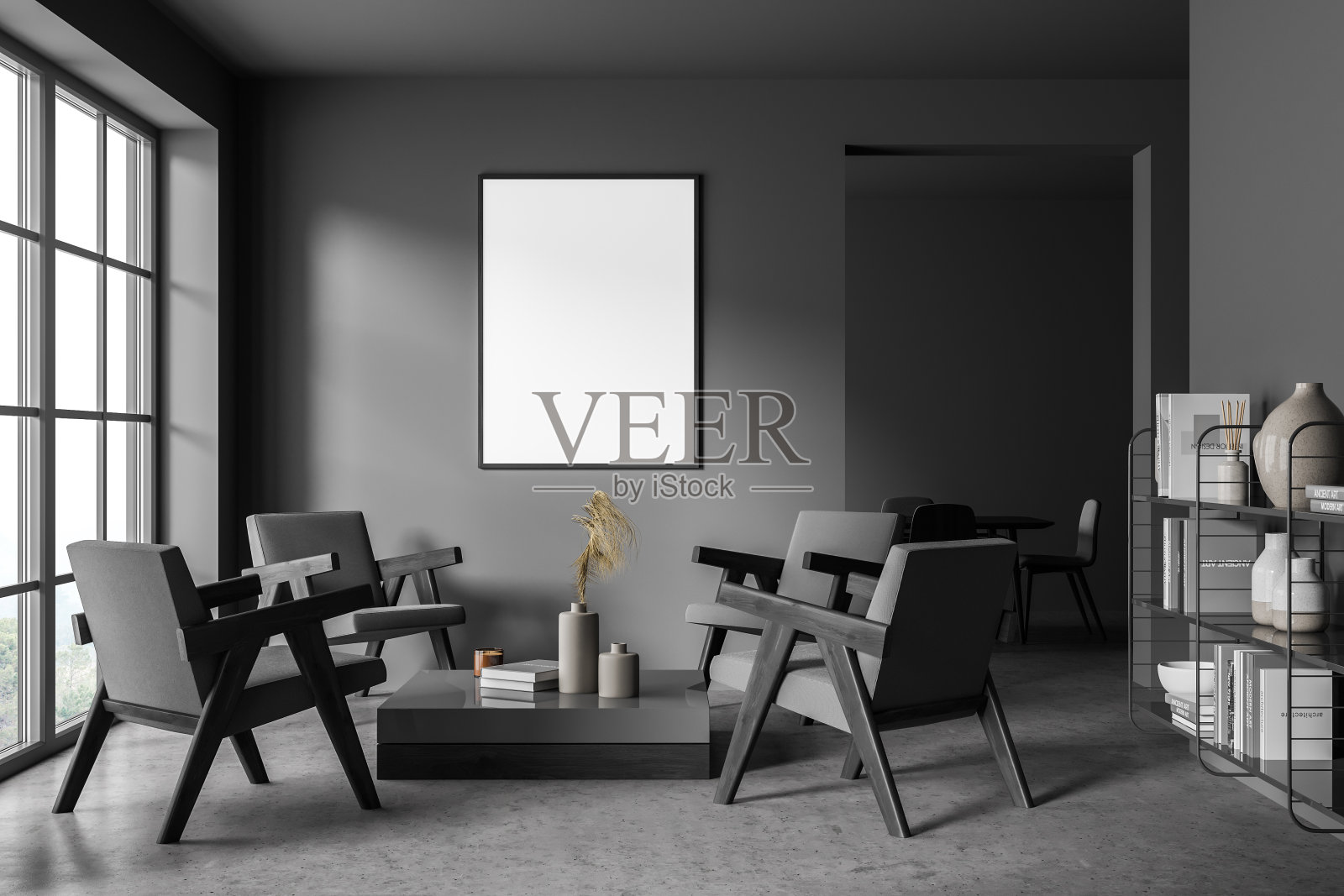 在墙上画一张空海报。现代客厅内部。石头地板和时髦的家具。当代设计的概念。照片摄影图片