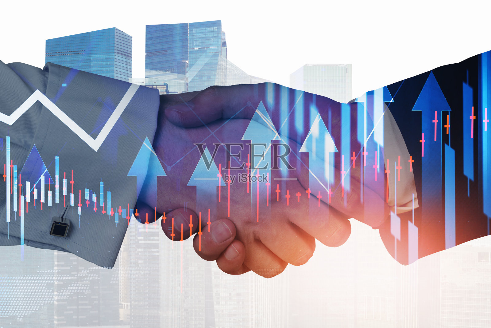 伙伴关系的概念。两个商人在外汇图表和箭头上握手。资本与股票市场交易。双重曝光。数字图形，新加坡城市景观照片摄影图片
