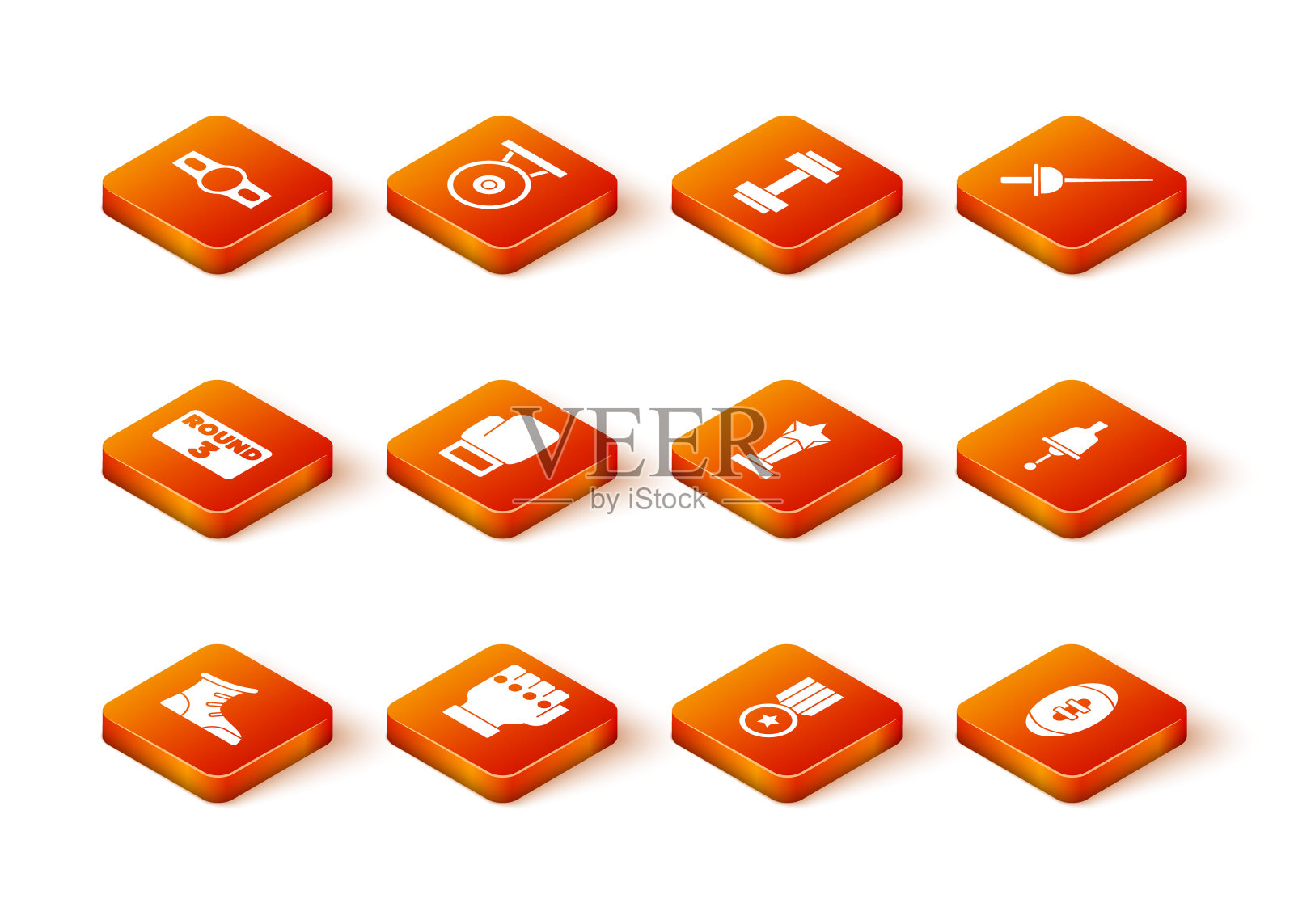 集运动拳击鞋，综合格斗手套，拳击环板，奖章，奖杯，美国足球和铃声图标。向量图标素材