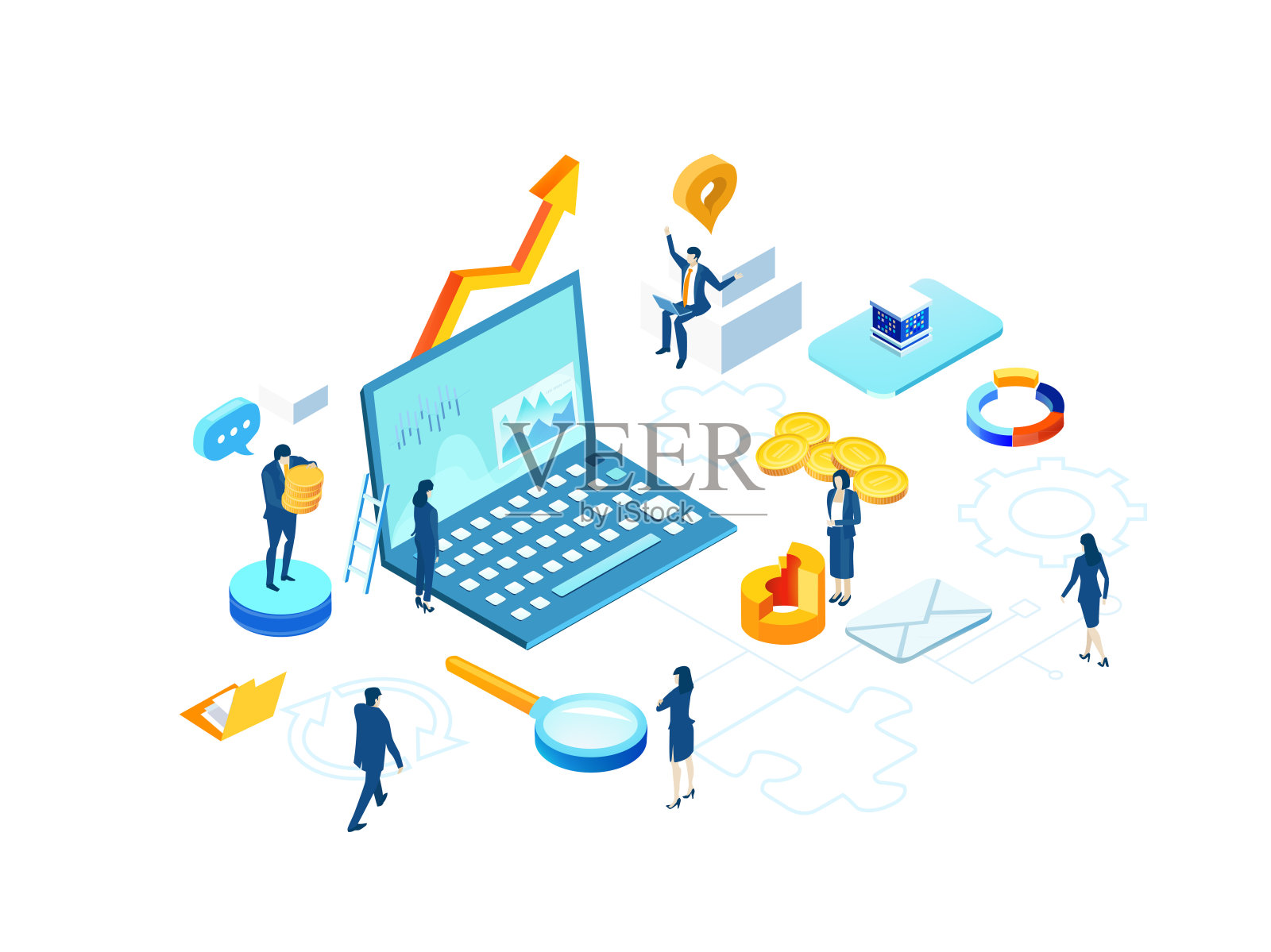 与许多在办公室工作的商业人士，解决问题，寻找解决方案，银行家，律师，办公室经理，销售傻瓜和创意人员的等角环境设计。全球业务插画图片素材