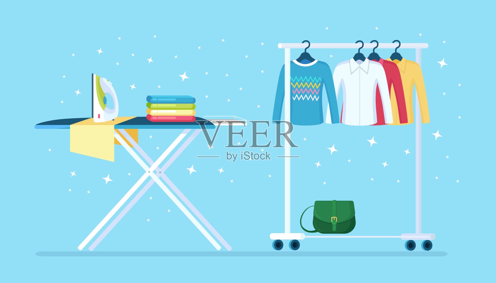 女式衣柜和带熨斗的熨衣板。金属衣架与衣服，包挂在精品。商店站与时尚的服装。更衣室内部。矢量图插画图片素材