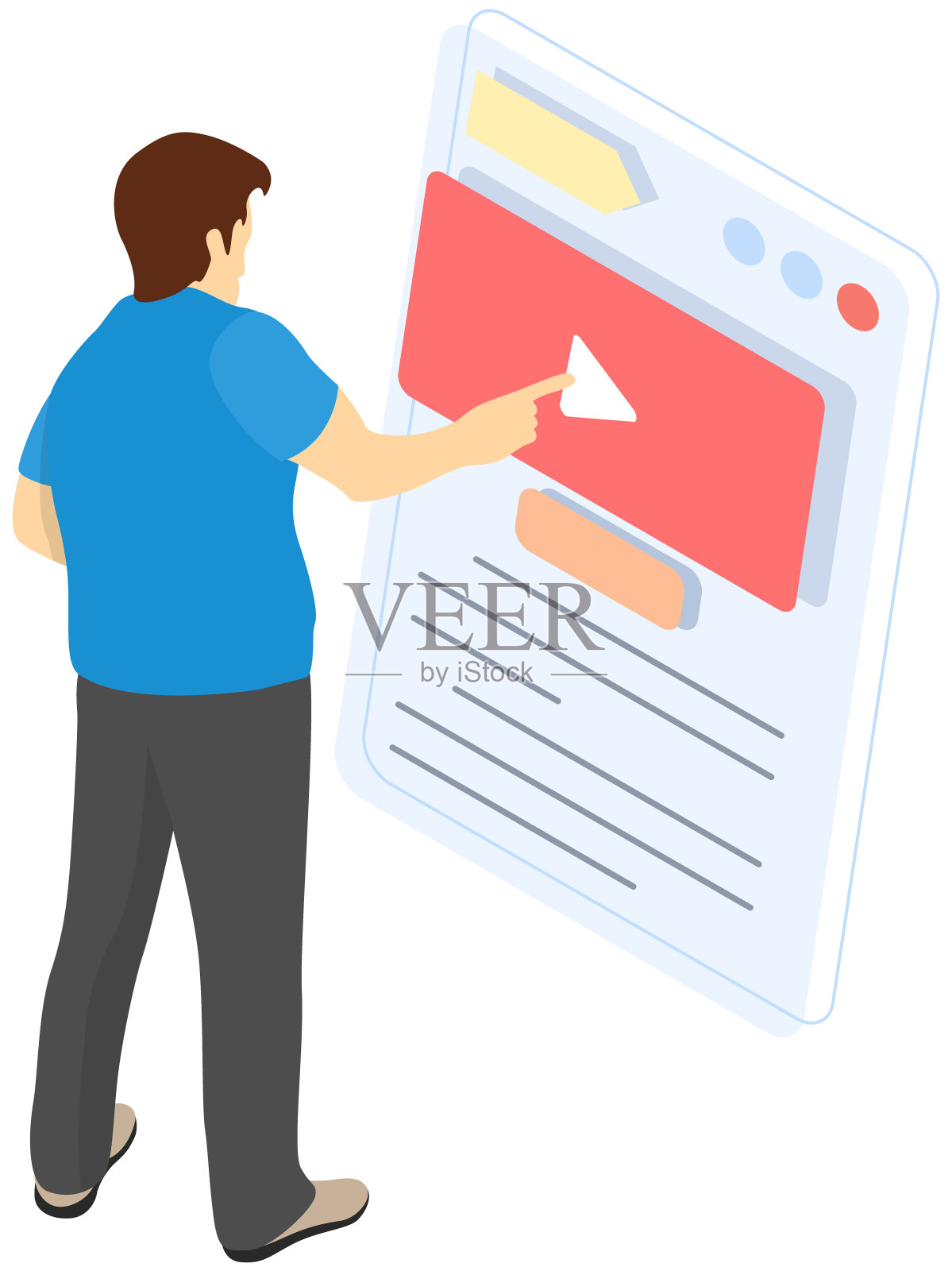 视频播放器在手机上近人，演示板。观看数字信息视频的装置插画图片素材