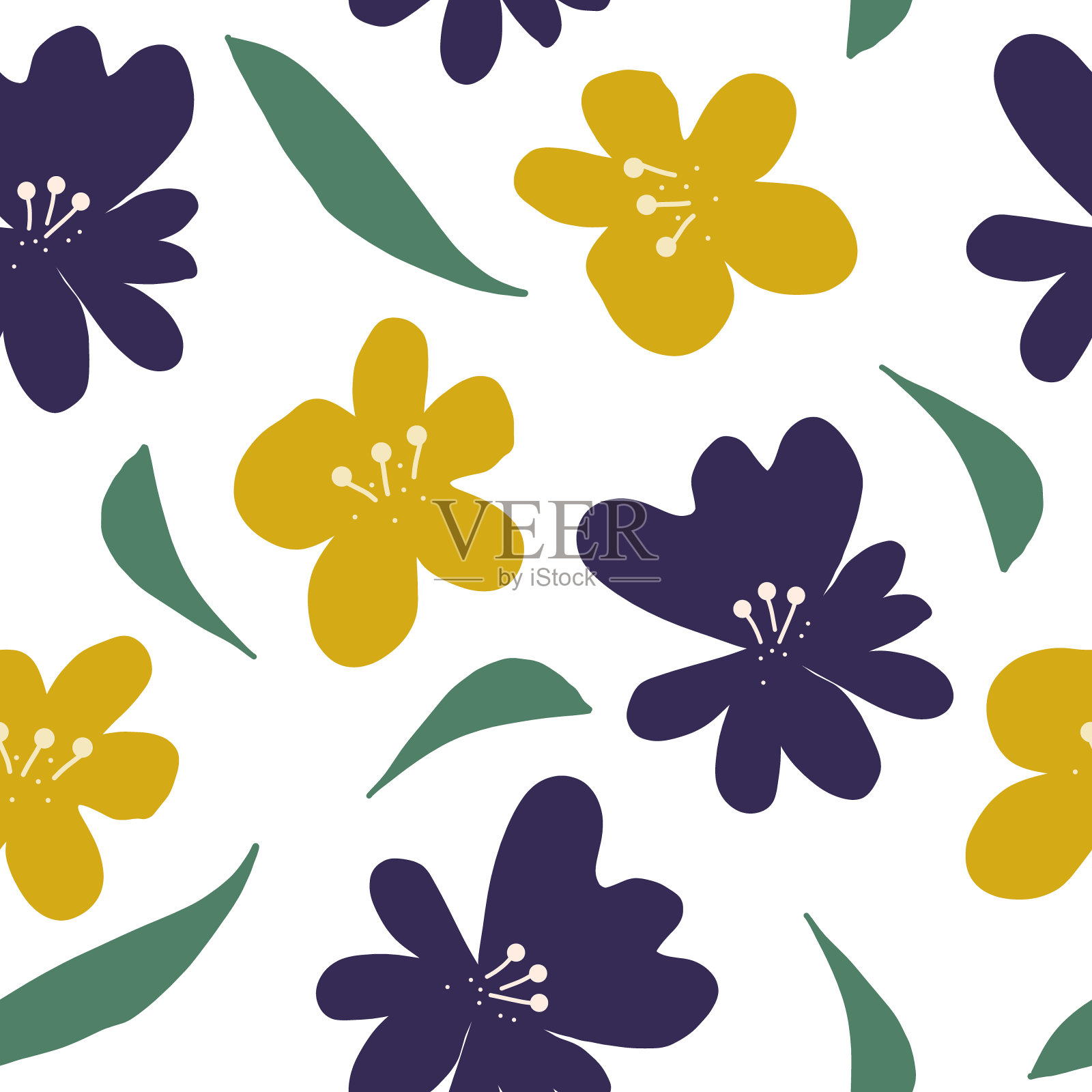 花叶无缝图案手绘涂鸦。向量,极简主义。印花，墙纸，纺织品，包装纸，装饰。插画图片素材