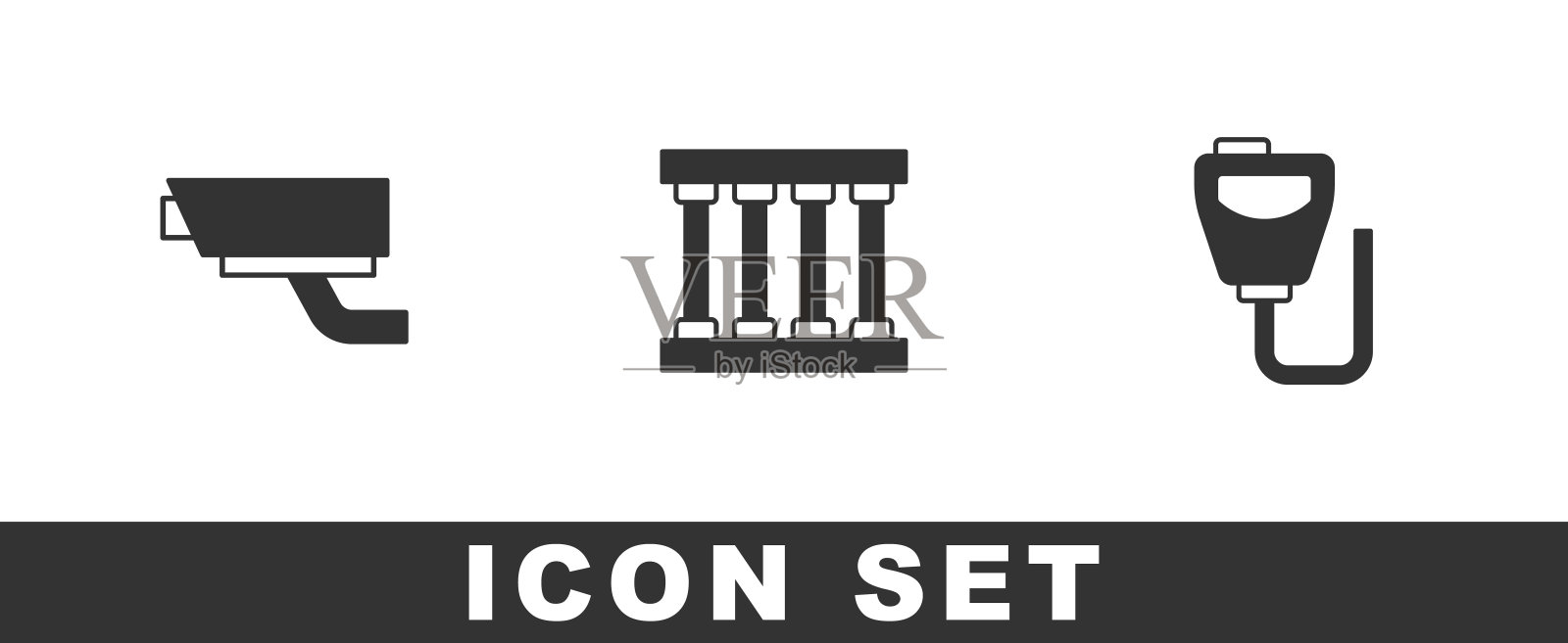 设置安全摄像头，监狱窗户和对讲机图标。向量图标素材