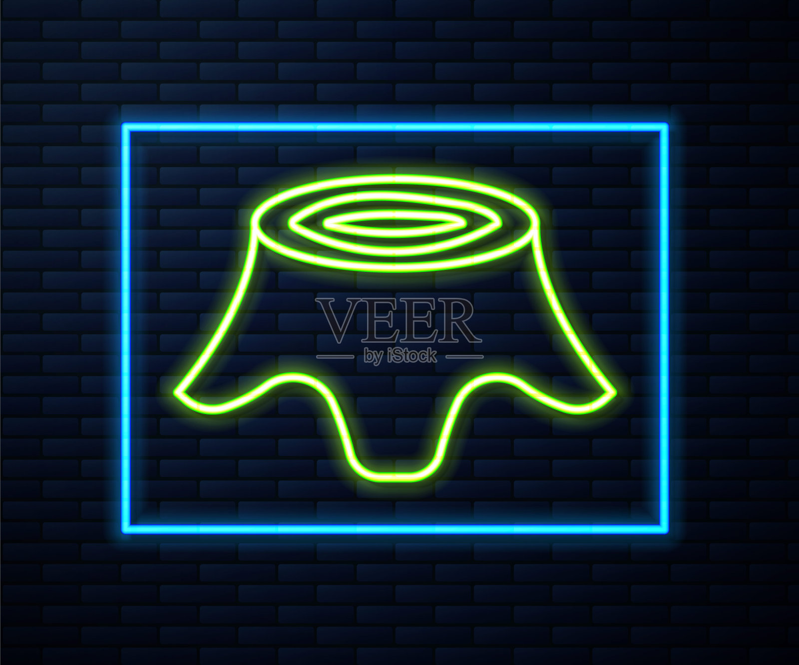 发光的霓虹灯线树桩图标孤立在砖墙背景。向量插画图片素材