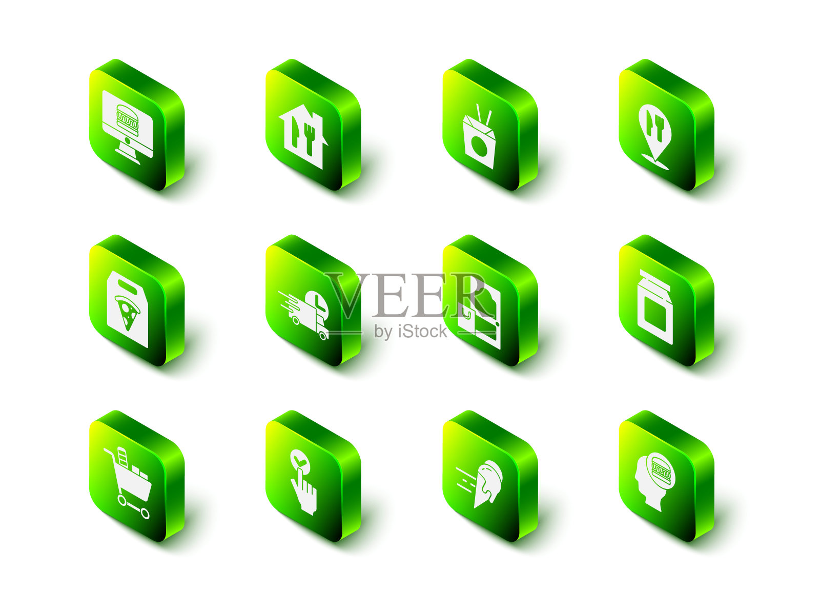 设置在线订购和送货，亚洲面条筷子，咖啡馆餐厅位置，冰淇淋和图标。向量图标素材