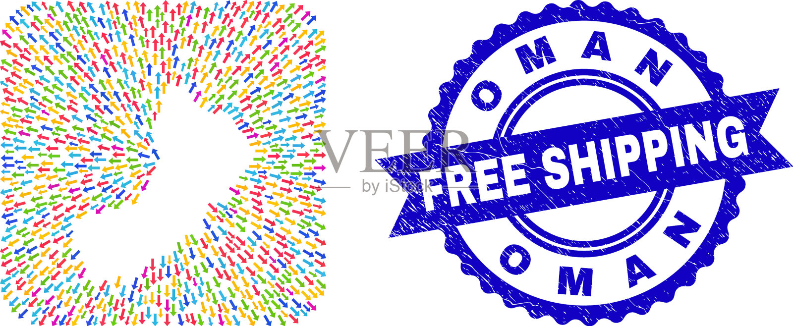 免费航运垃圾邮票和阿曼地图方向插画图片素材