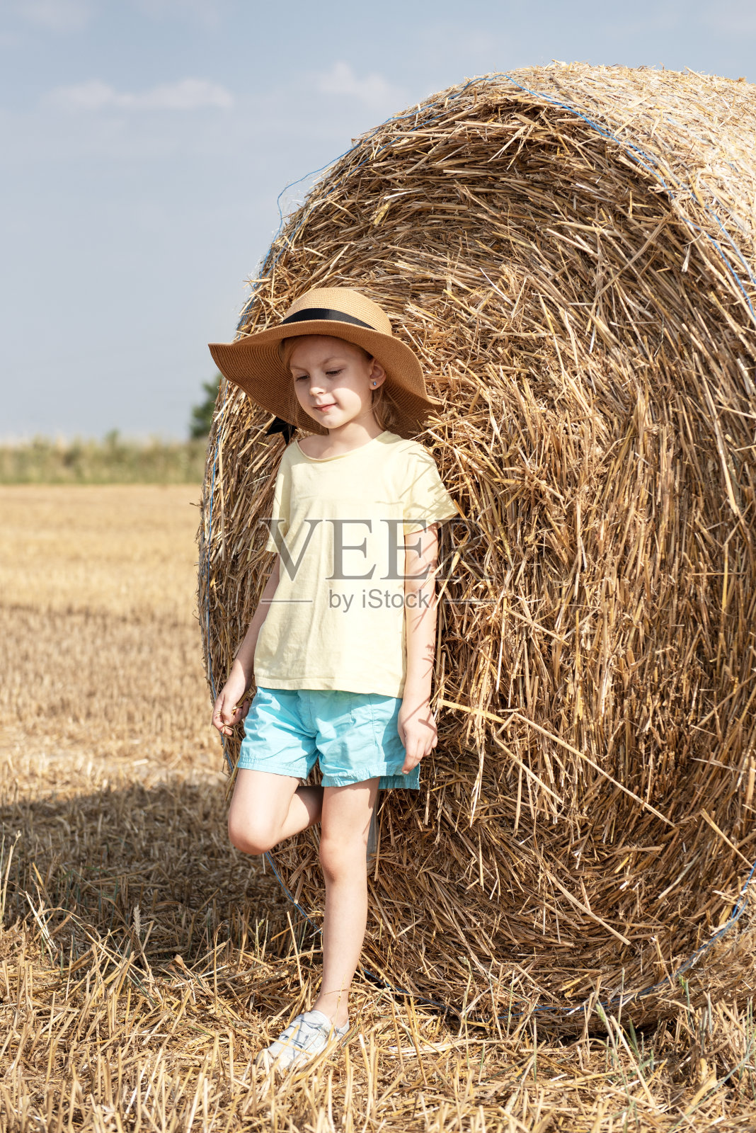 夏日里，小女孩在麦田里玩耍。照片摄影图片