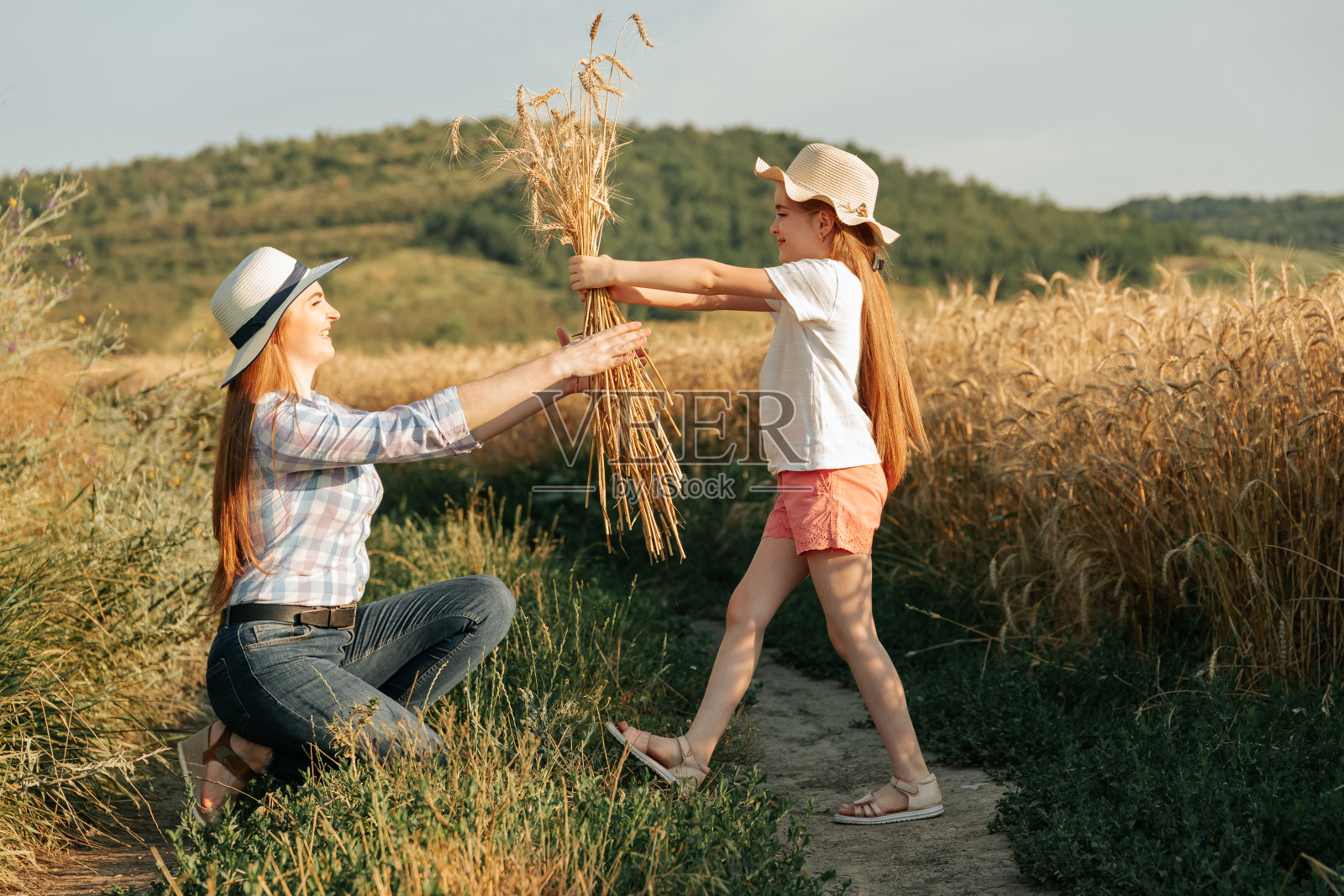 农民家庭，幸福的母亲和女儿在金色的麦田戴着帽子。照片摄影图片