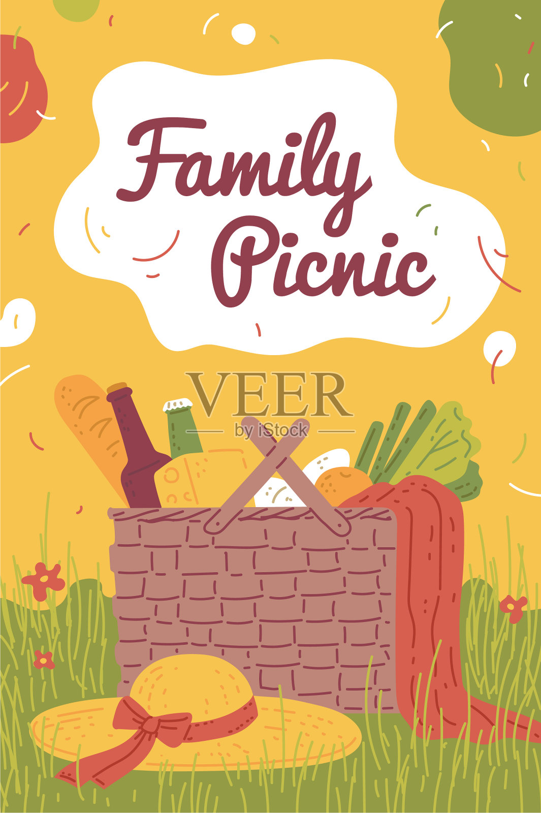 漂亮的海报与柳条篮子插画图片素材