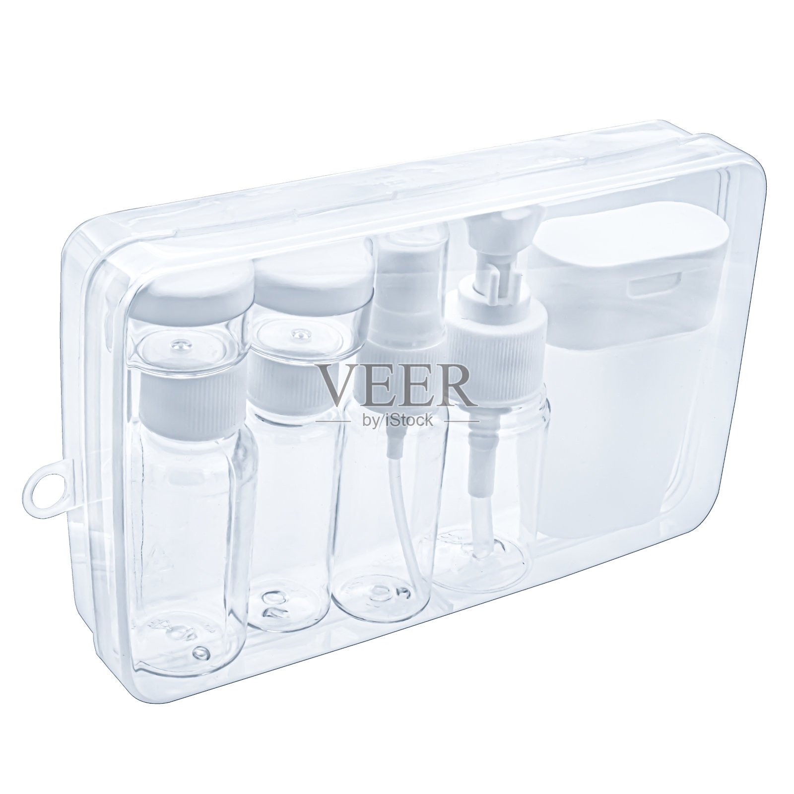 旅行化妆品透明透明的白色背景塑料照片摄影图片