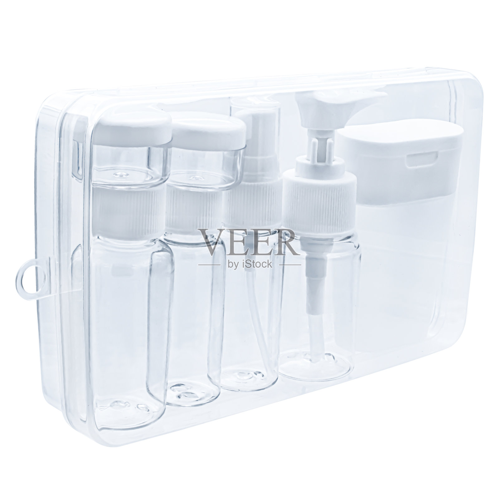 旅行化妆品透明透明的白色背景塑料照片摄影图片