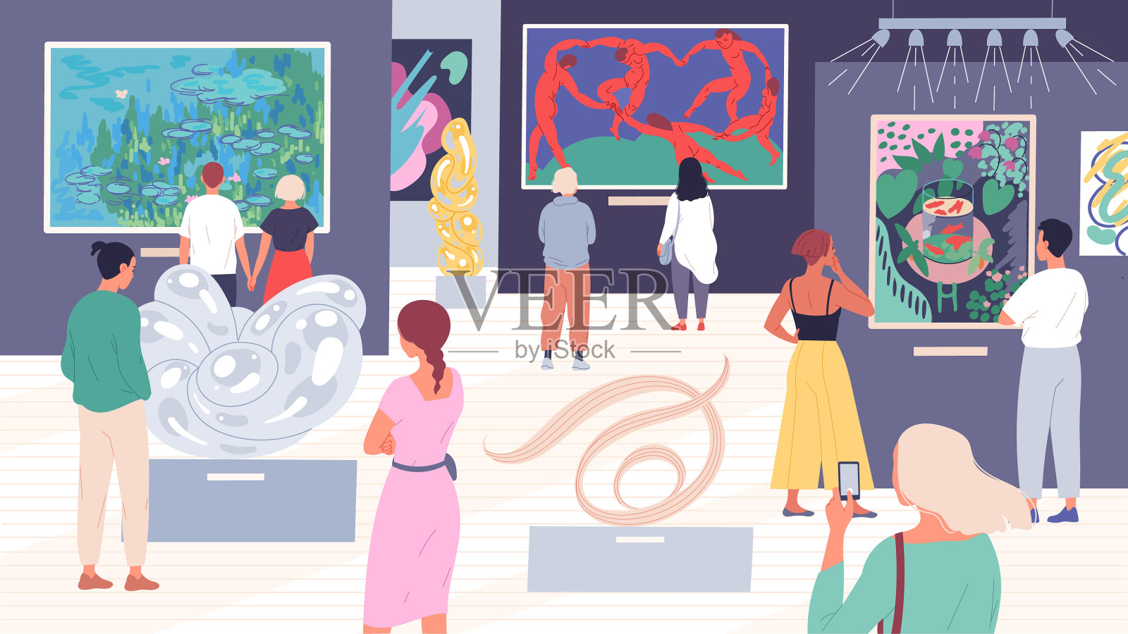 在美术馆里展览的人插画图片素材