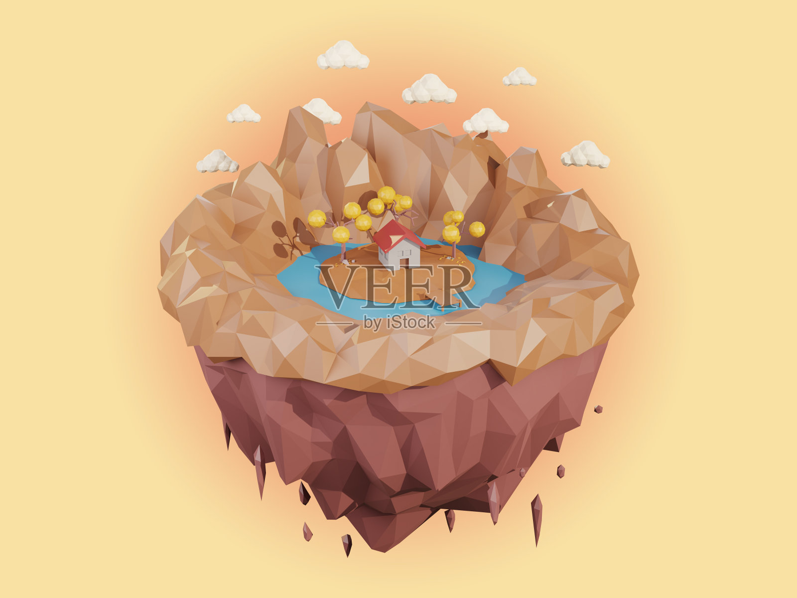 秋天的天空岛3D渲染。低多边形几何自然岛屿。低聚的风格。背景设计旗帜，海报，传单，封面，小册子。插画图片素材