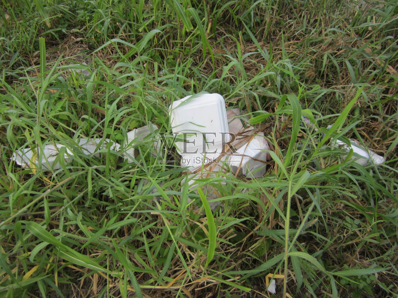 塑料垃圾倒在草地上照片摄影图片