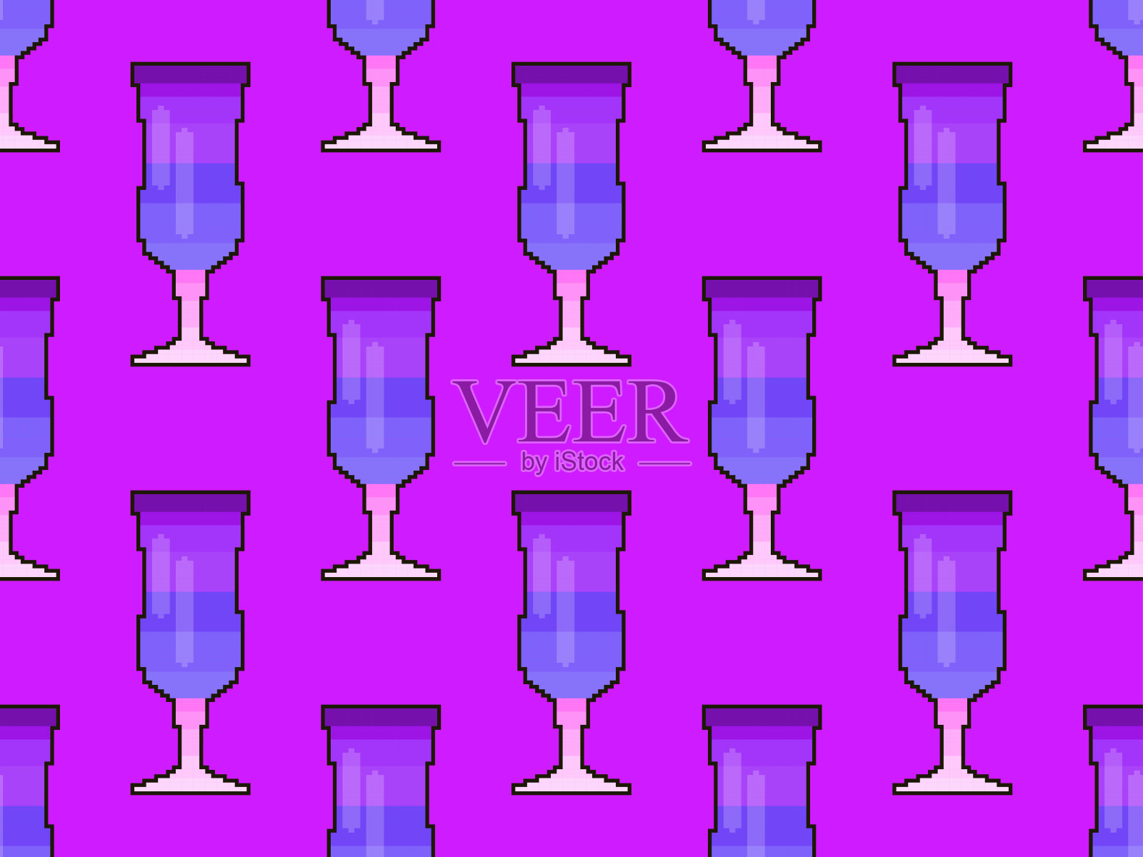 鸡尾酒杯无缝图案。马提尼玻璃像素艺术。90年代电子游戏风格的8位图形。印刷、包装和广告设计。矢量图插画图片素材