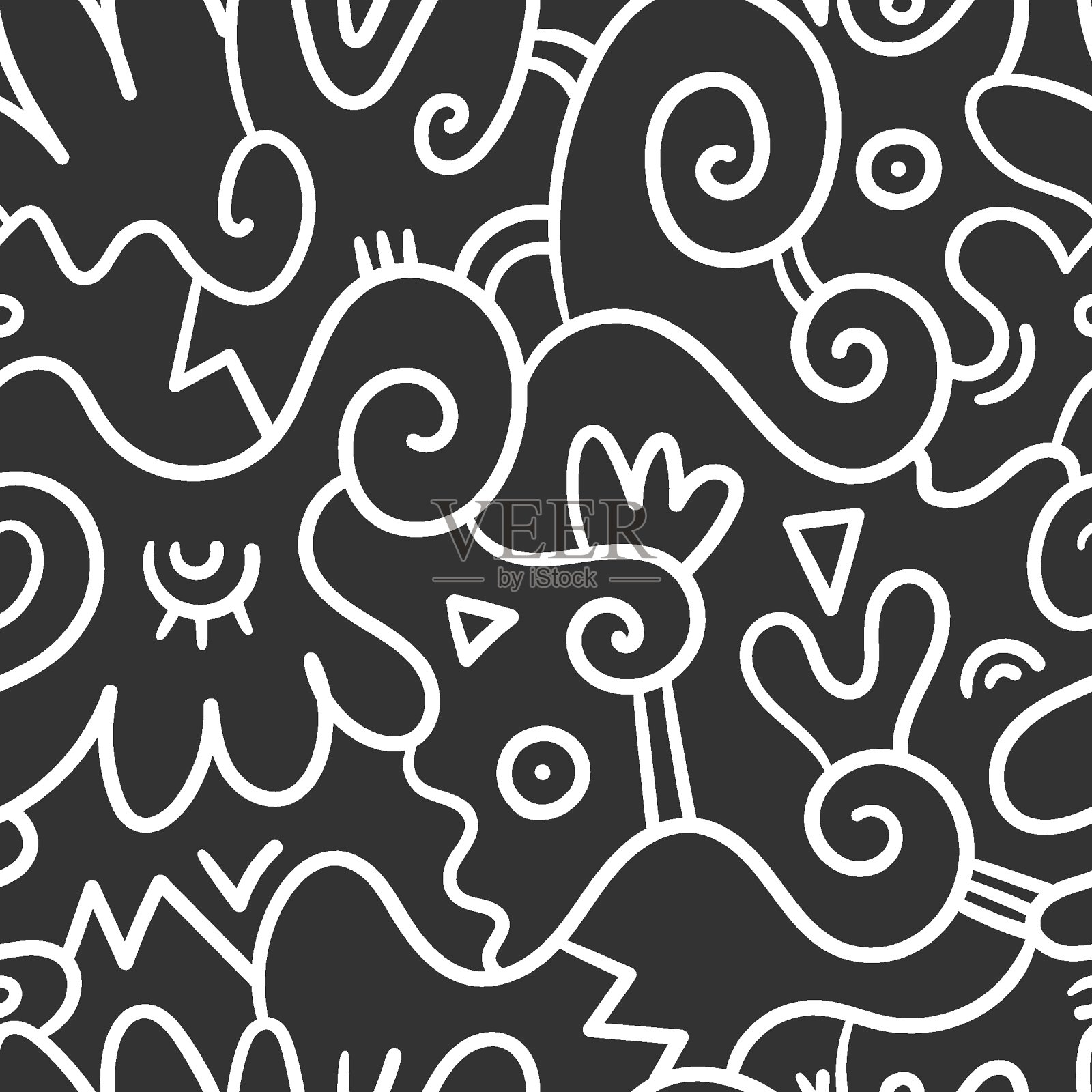 无缝抽象图案在黑暗的背景。向量涂鸦的形象。图形线性壁纸。插画图片素材