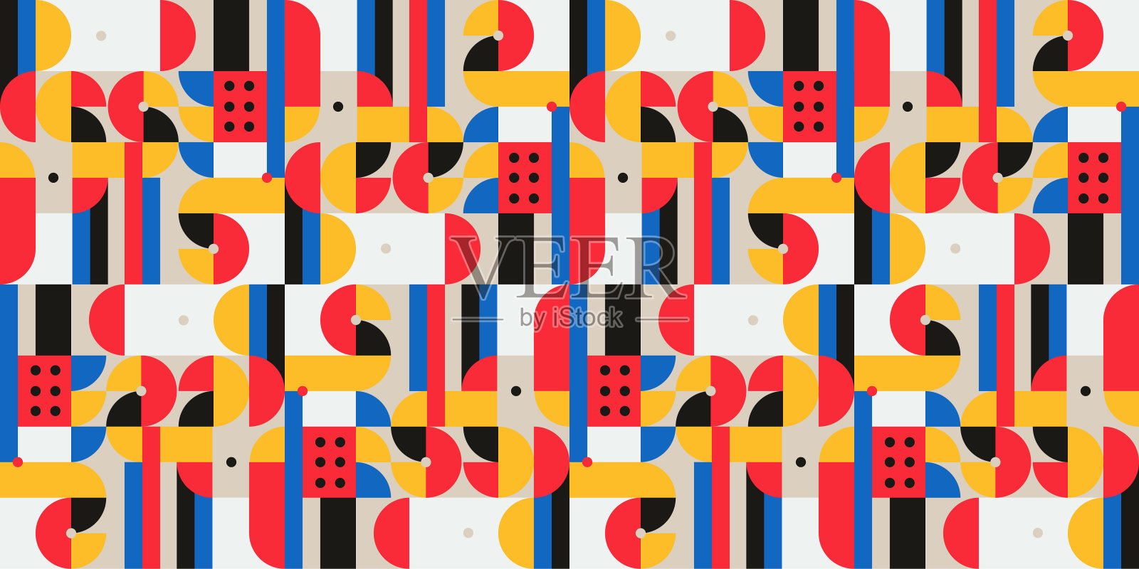包豪斯风格的抽象几何壁画彩色无缝图案。图案设计插画图片素材