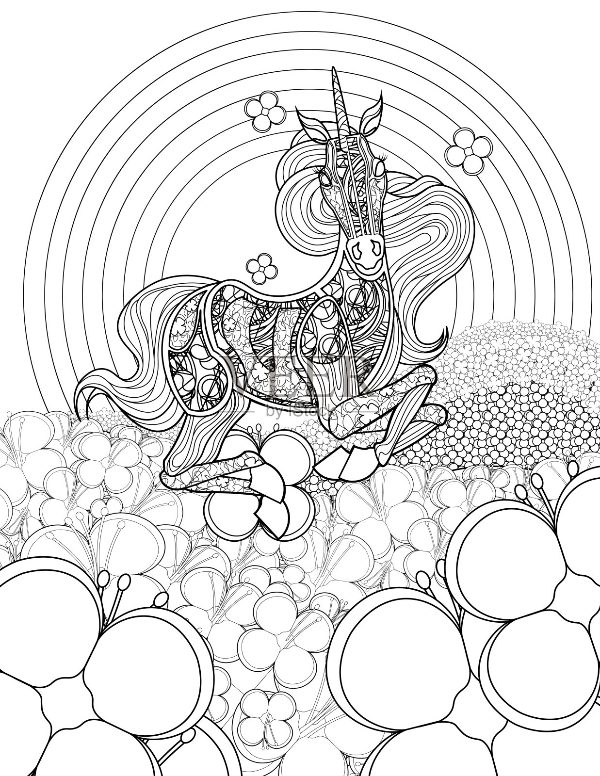 美丽的独角兽在花场看前面无色线画。神话的有角的马弯曲在田野着色书页。插画图片素材