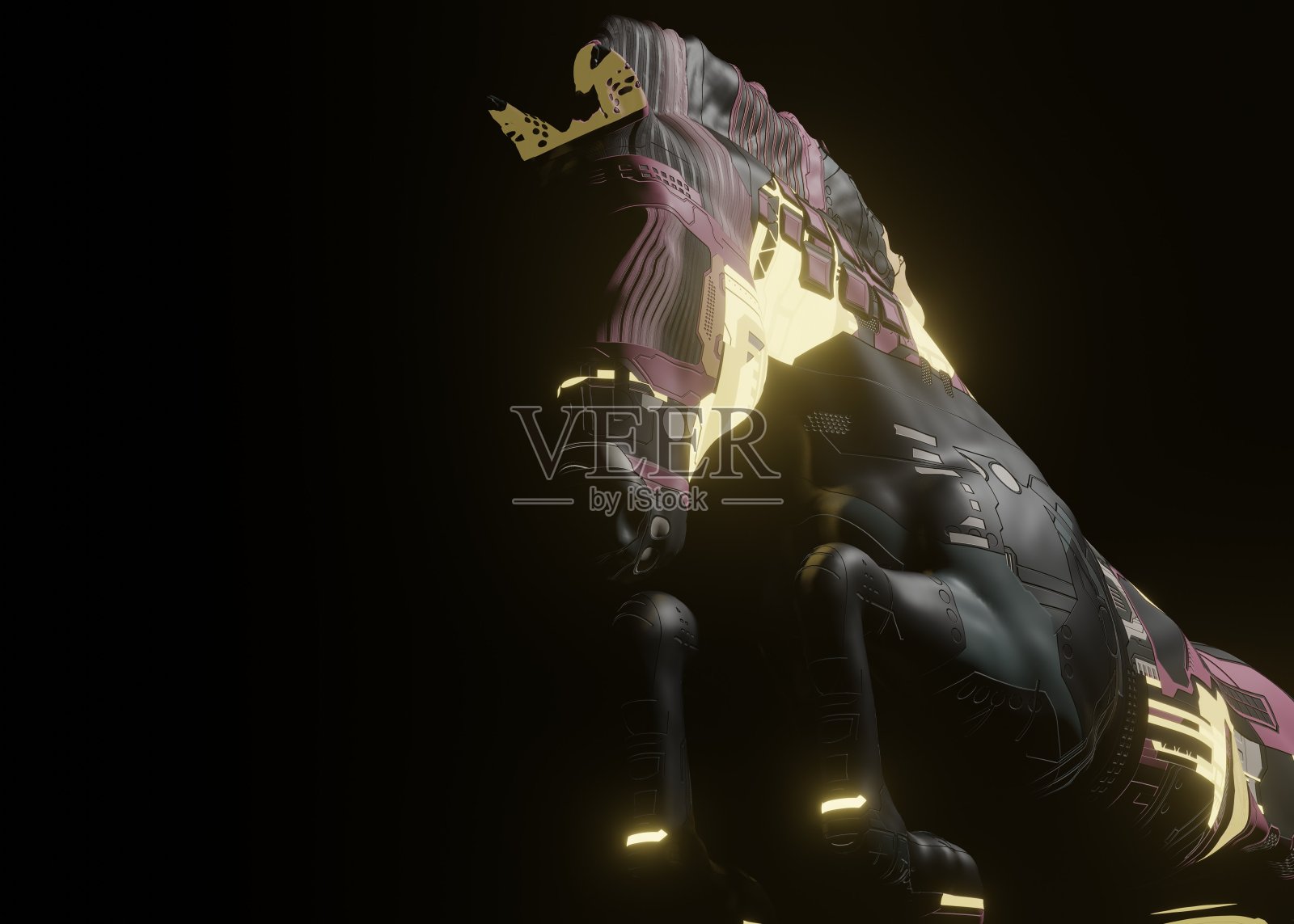 3d渲染插图的机械未来马在一个深黑色的背景照片摄影图片