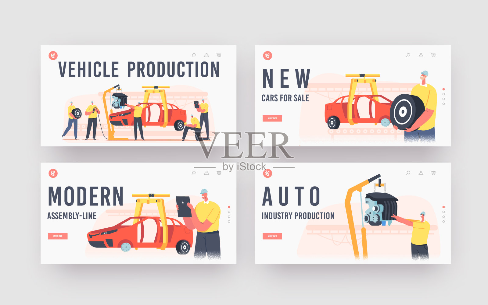 车辆生产登陆页模板集。工厂汽车生产线上的工人特征插画图片素材