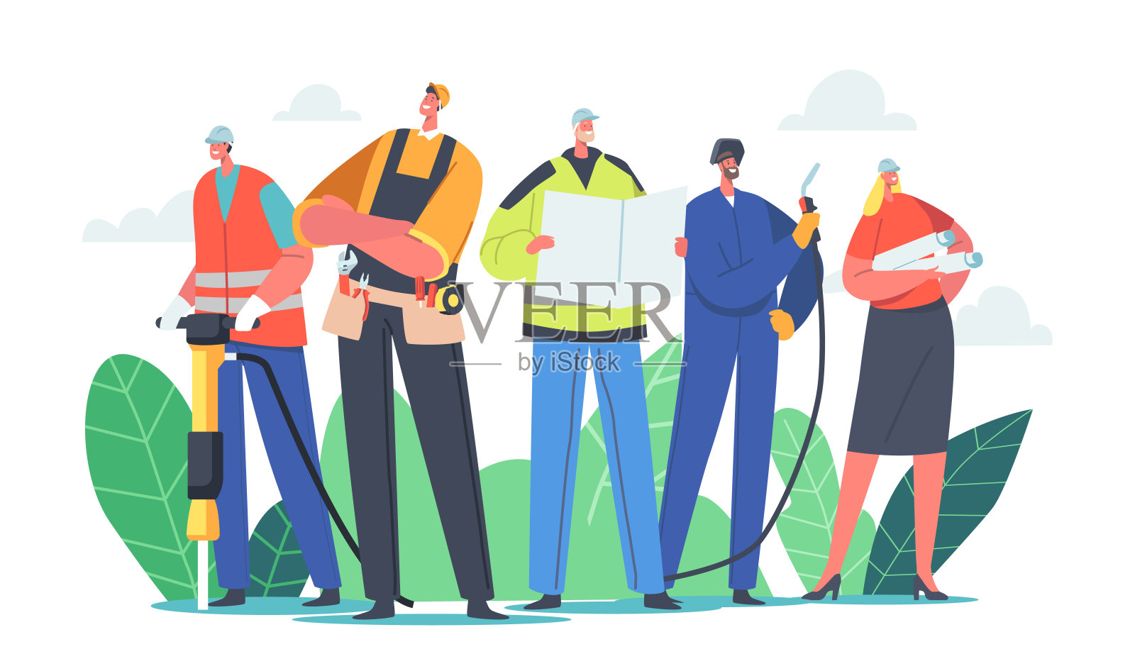 产业工人团队的男性和女性角色。建筑工人，工程师或工头，带工具和蓝图，建筑师插画图片素材