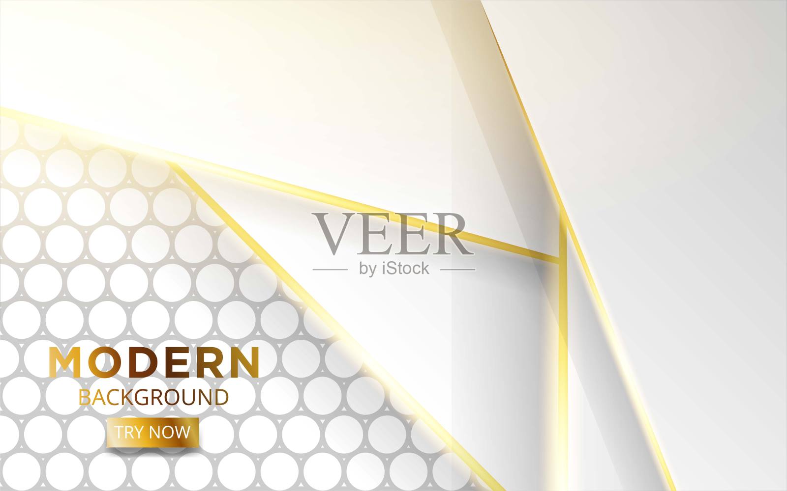 现代白色覆盖层背景横幅设计与黄金线。纹理灰色圆形背景上的现实灯光效果，矢量插图。设计模板素材