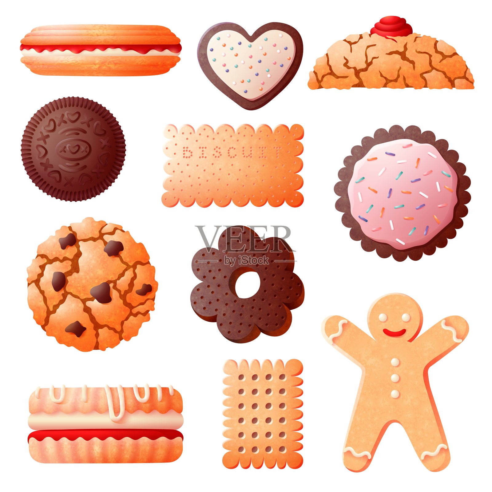 甜的饼干。姜人烘焙，烘焙巧克力饼干。美味的甜点与巧克力片，孤立的釉面烤时髦的向量集插画图片素材